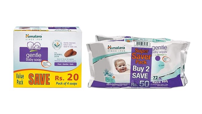 Himalaya Gentle Baby Soap Value Pack, 4 * 75g and Gentle Wipes (72 Napkins of 2 Packs) Combo