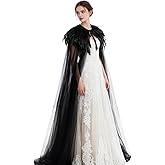 L'VOW Women's Gothic Feather Cloak Gothic Tulle Cape with Feather Collar Vampire Cloak Witches Cape Cosplay Costume