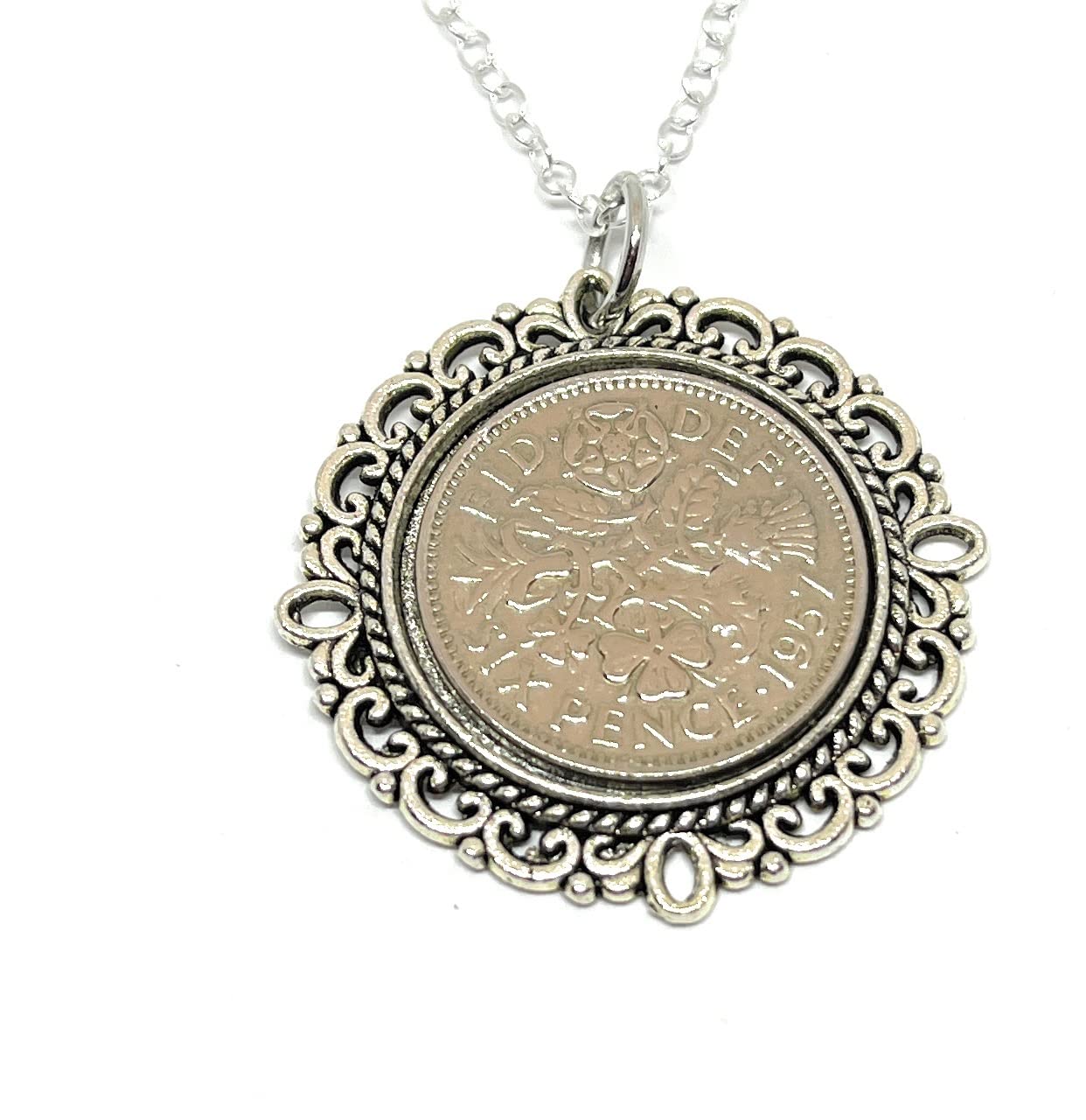 floral Fancy Pendant 1957 Lucky sixpence 69th Birthday plus a Sterling Silver 18in Chain