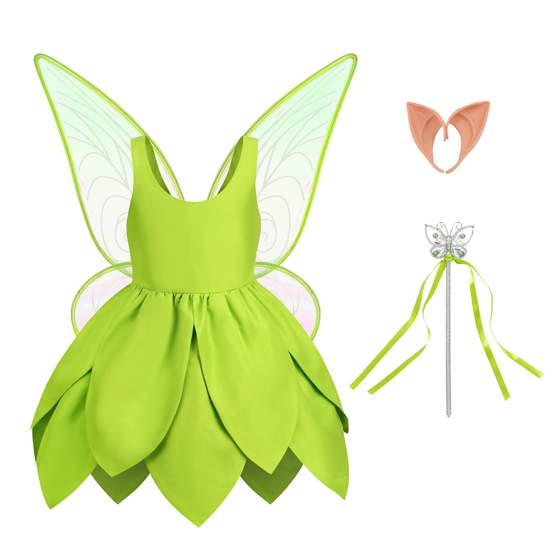 Photo 1 of Kosgraiy Tinkerbell Costume for Girls,Toddler Girls Fairy Dress with Pixie Elf Ears and Wings,Princess Outfit Halloween Fairy Dress Up,6-8Years