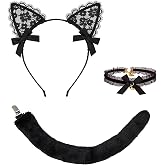 WODCM Costume Headwear Accessories Black Lace Cat Ear Headband Lace Collar with Gold Bell Black Tail for Cosplay Halloween Party