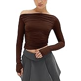 MISS MOLY Women's Off Shoulder Asymmetrical Tops Y2K Ruched Slim Sexy Cropped Long Sleeve Tee Shirts