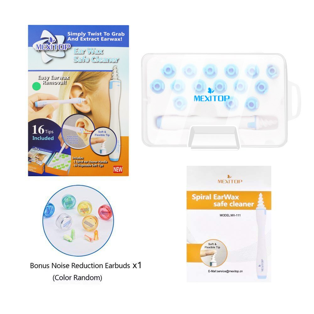 Ear Wax Removal, MEXITOP Professional Ear Cleaner System with 16 pcs soft Spiral Washable Replacement Tips Improve the Effect of Ear Wax Removal Drop + Bonus Noise Canceling Ear Plugs, Blue(Upgraded Version)