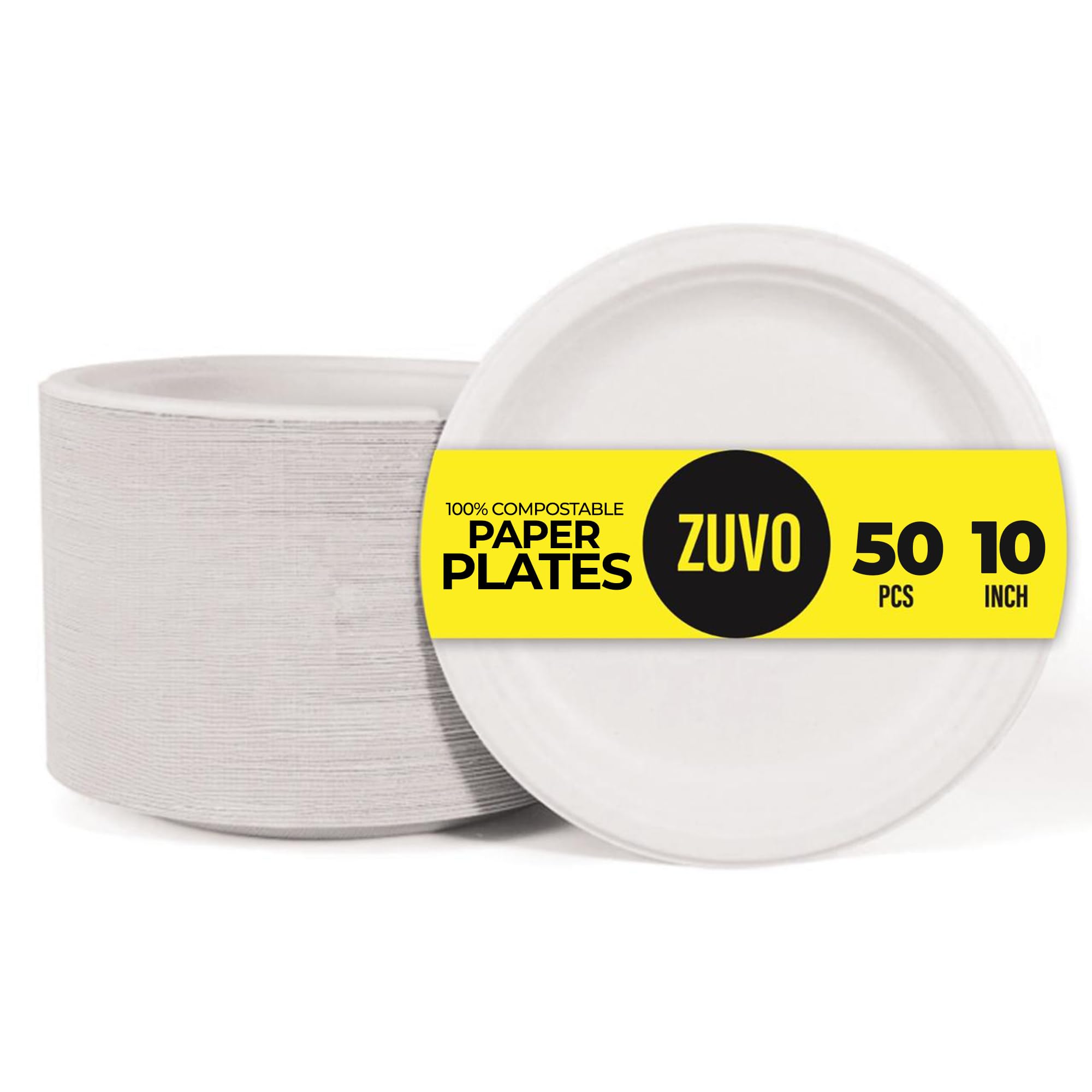 Zuvo 10-Inch Compostable Paper Plates – 50 Pack, Eco-Friendly, Biodegradable and Disposable for Party, BBQ & Picnic – Strong & Sturdy Bagasse Tableware​, White