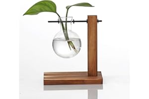 Kingbuy Glass Planter Bulb Vase Desktop Plant Terrarium with Retro Solid Wooden Stand for Propagation Hydroponics Water Plants Home Garden Office Decor