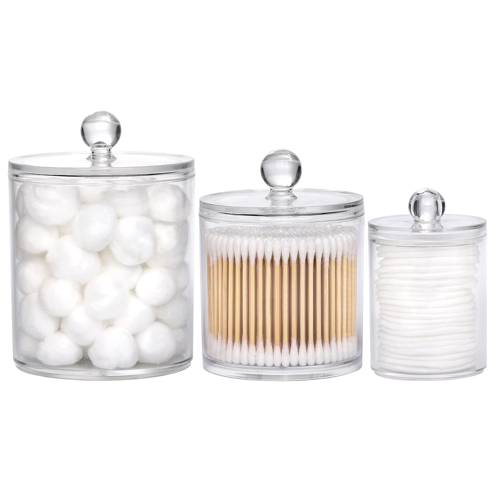 Photo 1 of **MINOR DAMAGE**Tbestmax 10/20/36 Oz Cotton Swab/Ball/Pad Holder, Qtip Apothecary Jar Clear Bathroom Containers Dispenser Clear Lids for Storage 3 Set