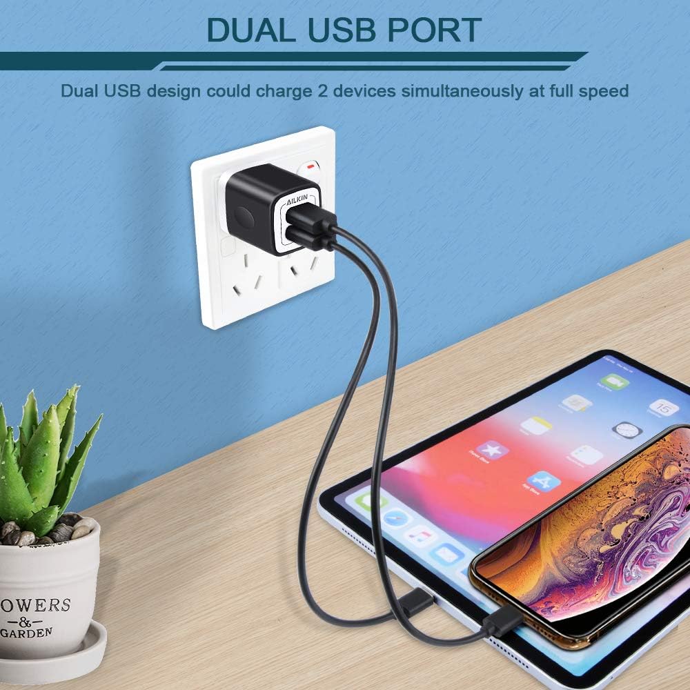 USB Wall Charger, Charger Block, Ailkin 2.1A Multiport Fast Charge Power Brick Cube Replacement for iPad, iPhone, iPod, Samsung Galaxy, Huawei, HTC, LG, Nokia or Other Cell Phone Smart Devices