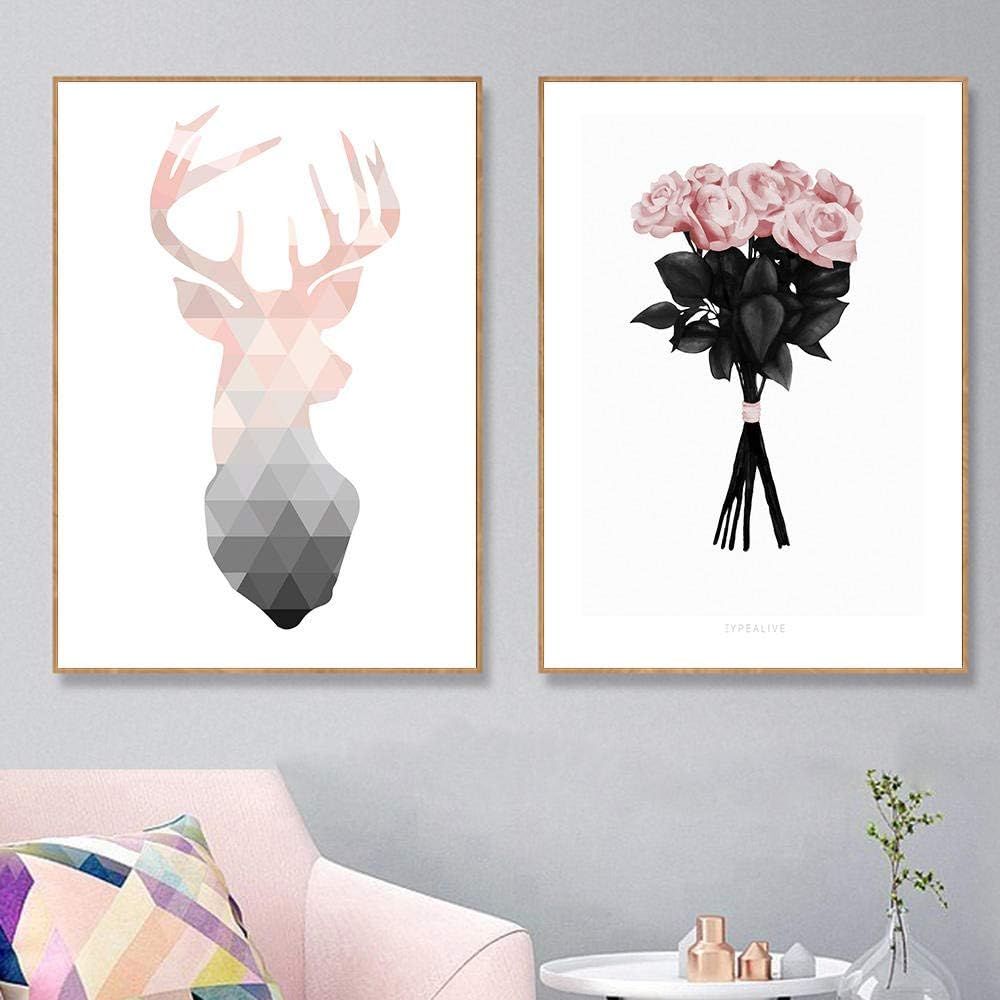 Amazon Co Jp スカンジナビアの鹿のキャンバスプリント幾何学的な抽象的な壁アートポスタープリントピンクのバラの花の写真現代の寝室の装飾の女の子2個フレームレス 42x60cmx2 ホーム キッチン