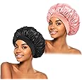 2Pcs Silk Bonnet for Sleeping, Satin Hair Bonnets, Soft Elastic Band Silk Sleep Cap, Hair Wrap for Women(Black Pink)