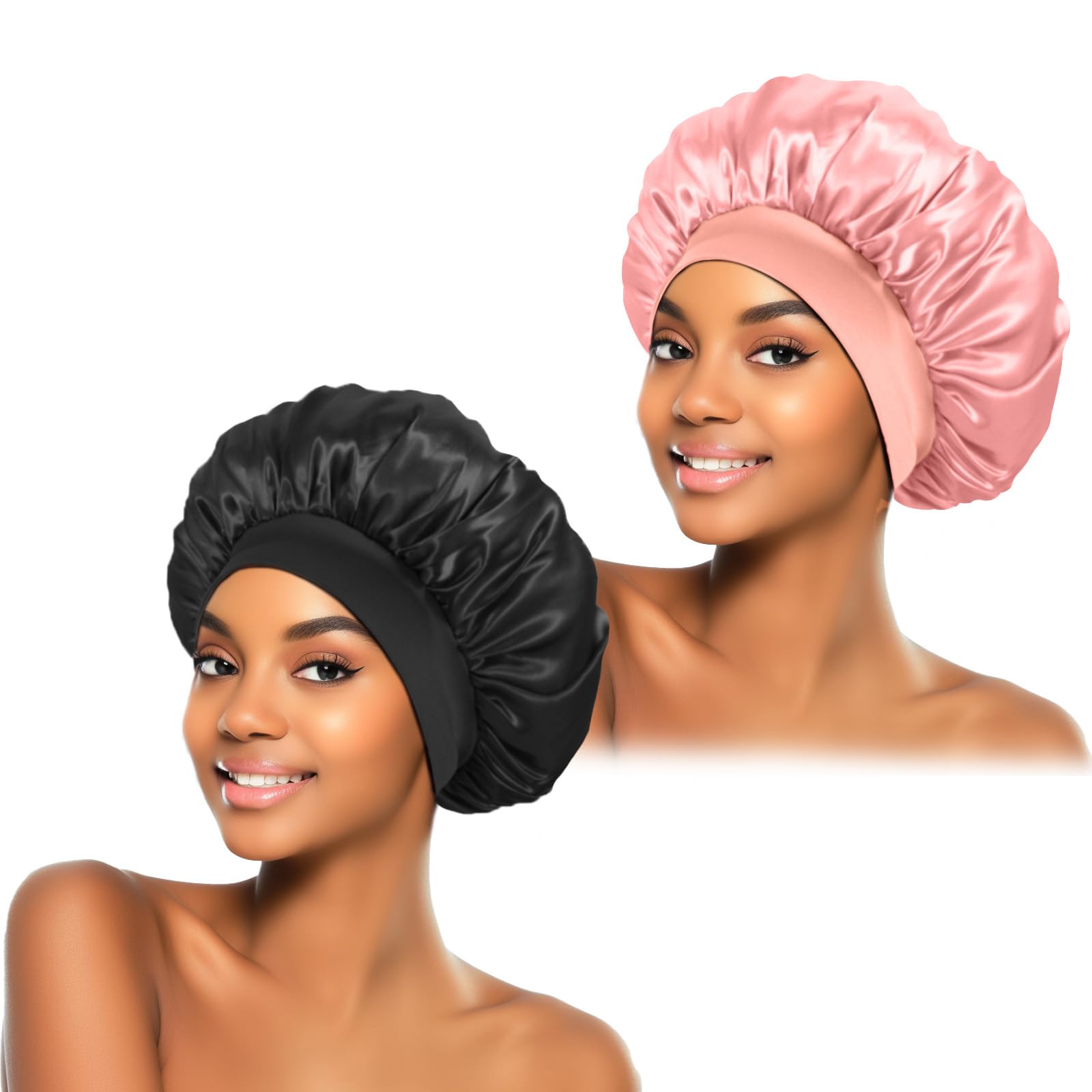 Photo 1 of ZHENSILK 2Pcs Silk Bonnet for Sleeping, Satin Hair Bonnets, Soft Elastic Band Silk Sleep Cap, Hair Wrap for Women(Black Pink)