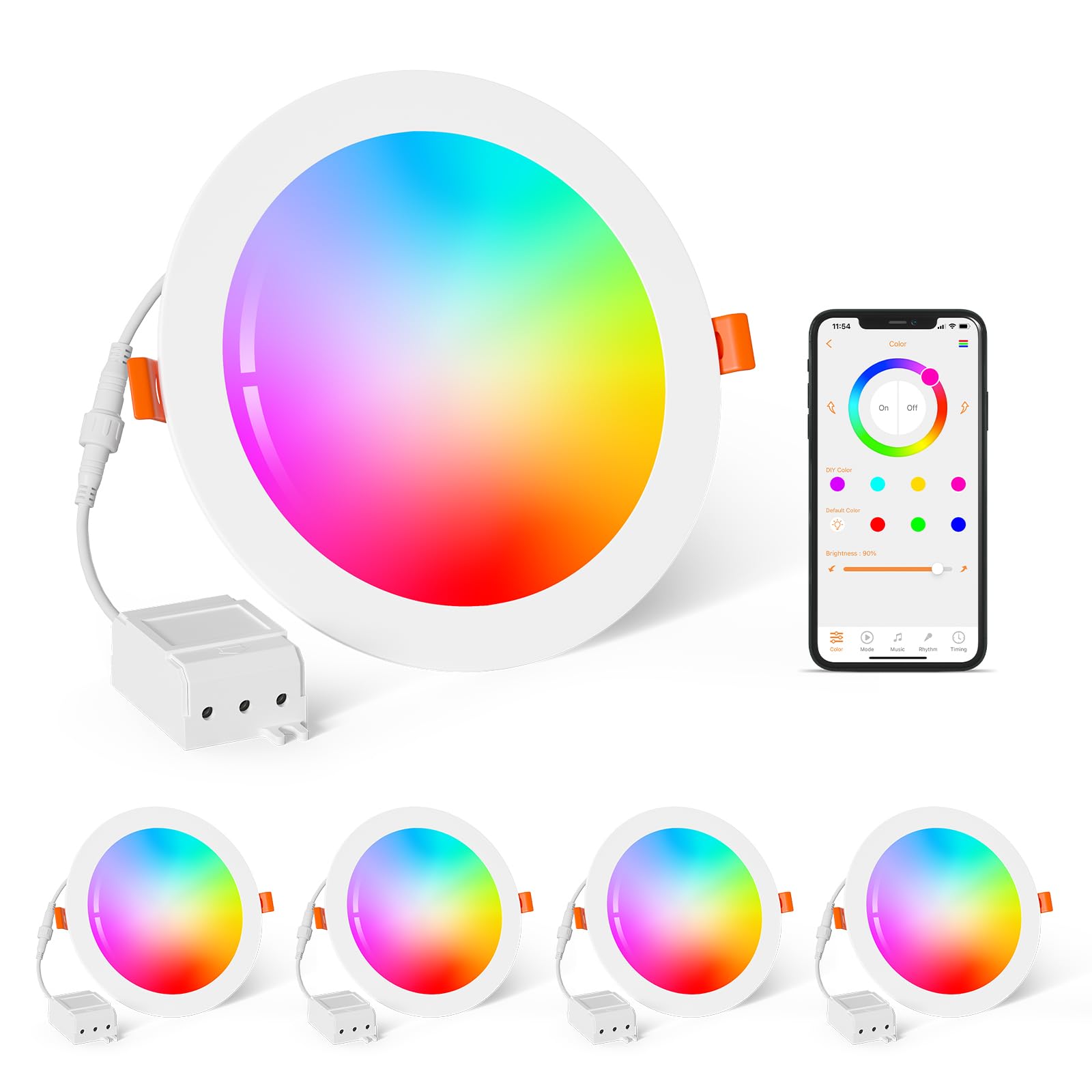 Photo 1 of Smart Recessed Lighting 6 Inch Color Changing 16W LED Downlight with Junction Box,1350 Lumen Recessed Ceiling Light Compatible with Alexa,RGB & Warm White 2700K Dimmable by App&Vioce Control, 4 Pack