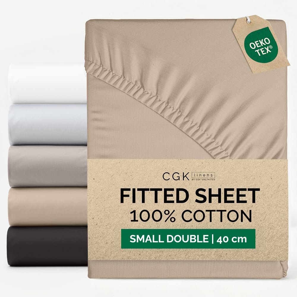 Small Double Fitted Sheet 120x190 cm - 100% Cotton Sateen 400 Thread Count - Extra Deep Fitted Sheet for Mattresses up to 40 cm (16") - Soft, Breathable, Wrinkle Free - OEKO-TEX Certified - Cream