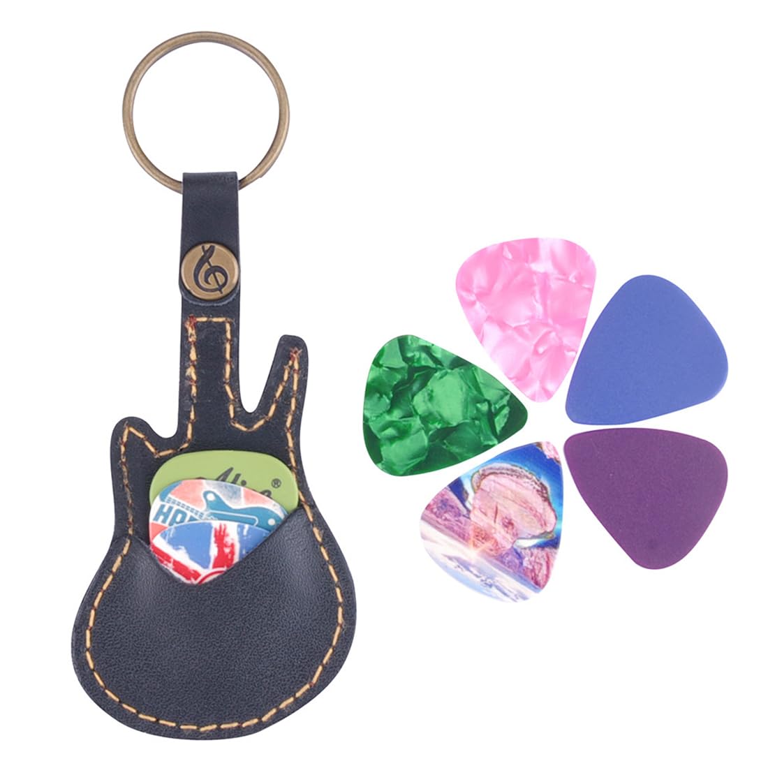 ZKSXOA Guitar Picks Case with 5 Picks, Leather Keychain Holder