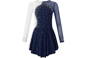 TSSOE Kids Girls Long Sleeves Glitter Rhinestone Figure Skating Dress Dance Performance Costume