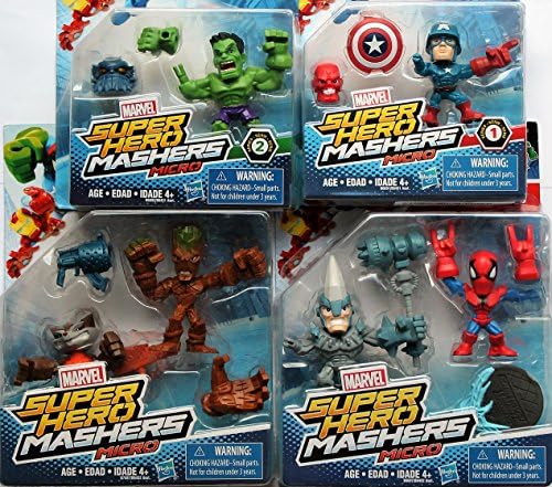 Marvel Super Hero Mashers Micro BUNDLE of 6 Action Figure - Groot, Rocket Raccoon, Rhino, Spider-man, Hulk & WWII Cap Set of 6