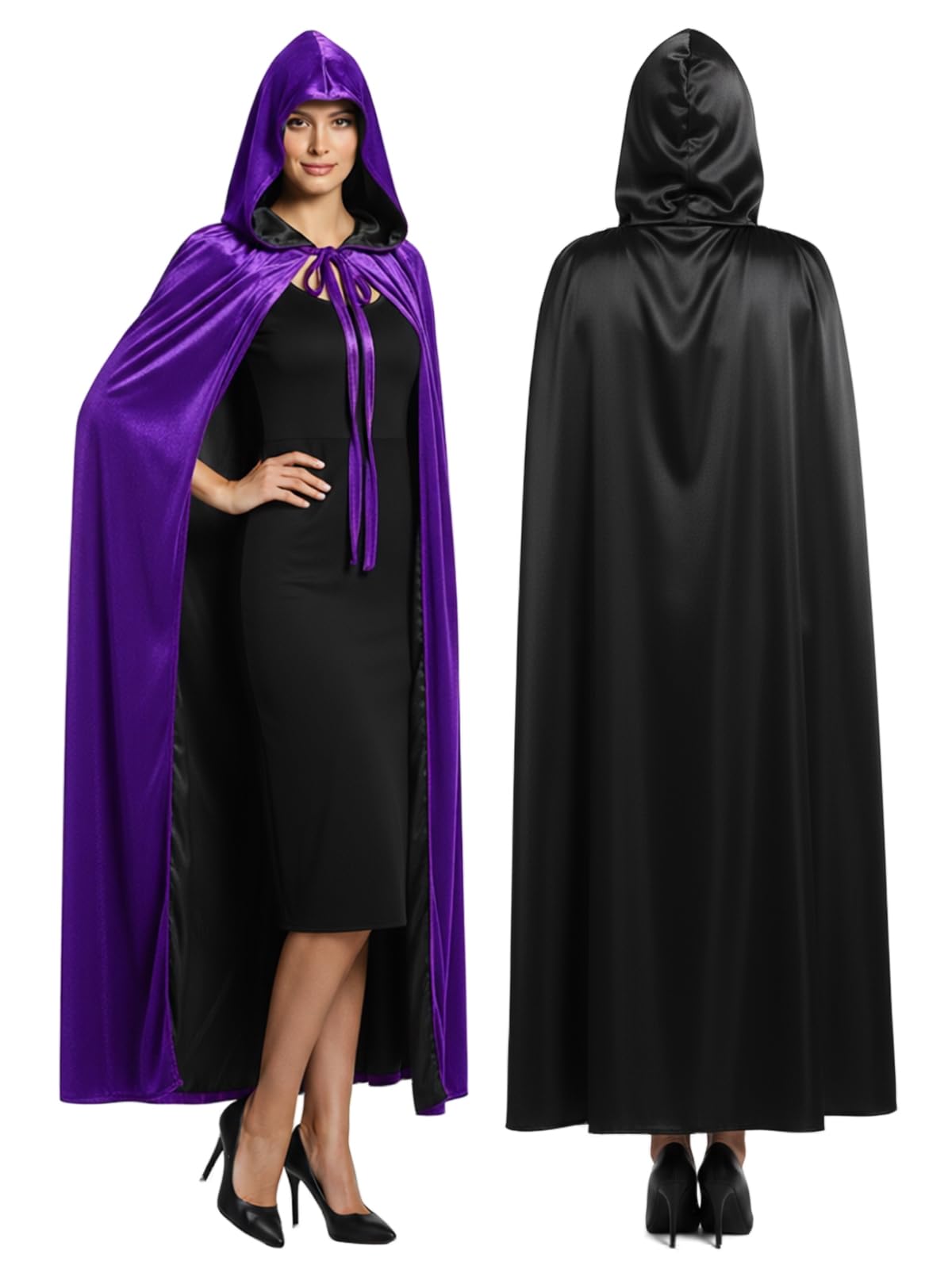 Hotfiary Reversible Black & Purple Cape for Adult, Double Sided Velvet & Satin Hooded Cloak, Halloween Witch Vampire Costume Christmas Fancy Dress Role Play (105/130/150/158cm)