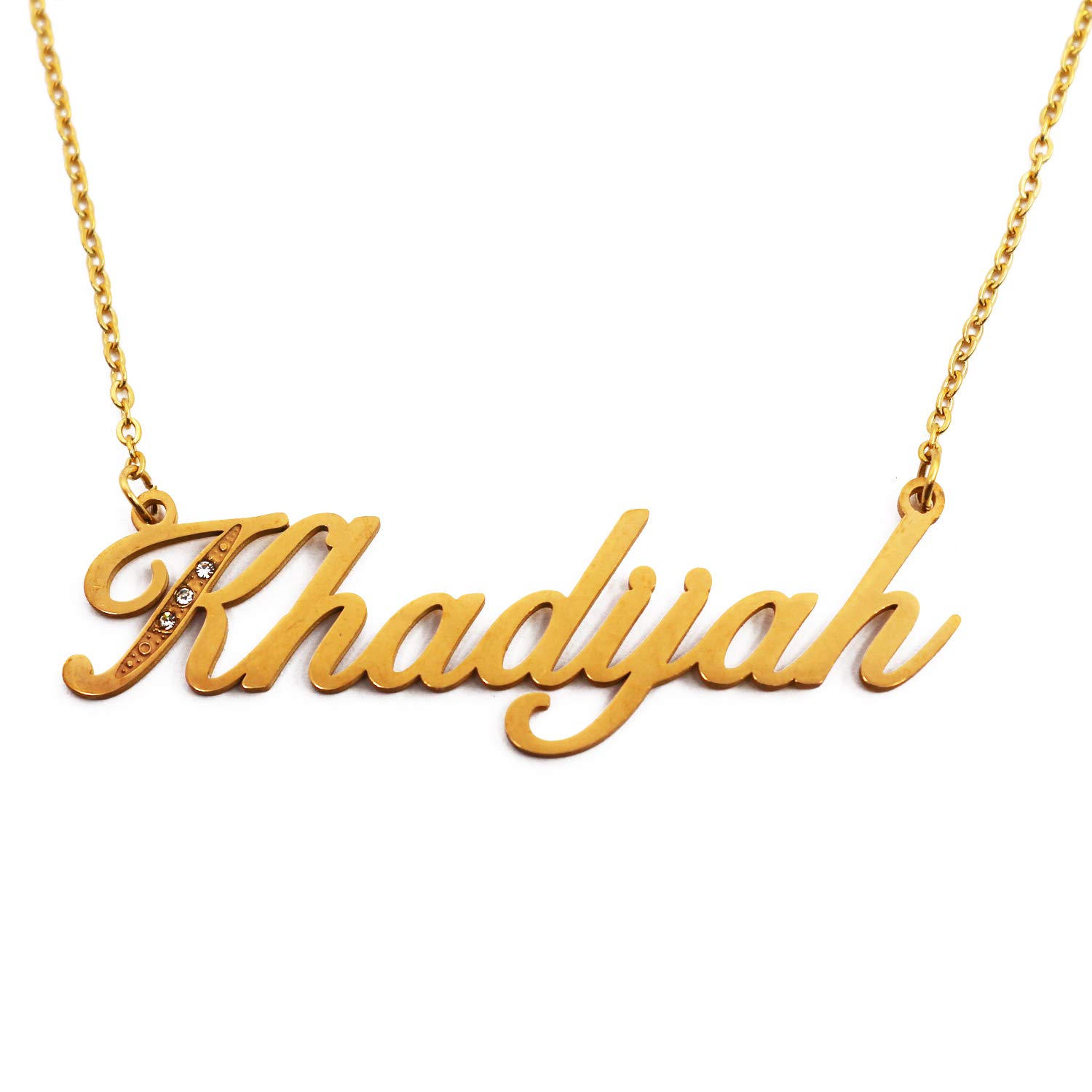 Kigu Khadijah Italic Personalised Name Necklace With Cubic Zirconia Gold Plated, Custom Dainty Name Pendants, Jewellery for Ladies, Girlfriend, Mother, Sister, Friends