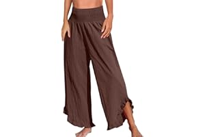 ZCJBWWHF Women Palazzo Pants Smock Elastic Waist Wide Leg Ruffle Hem Pant Solid Flowy Beach Trousers with Pocket