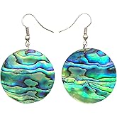 Swimmi Iridescent Paua Abalone Shell Earrings, Round Natural Abalone Earrings for Women, Handmade Dangle Drop Seashell Earrings Fashion Jewelry CA321-A