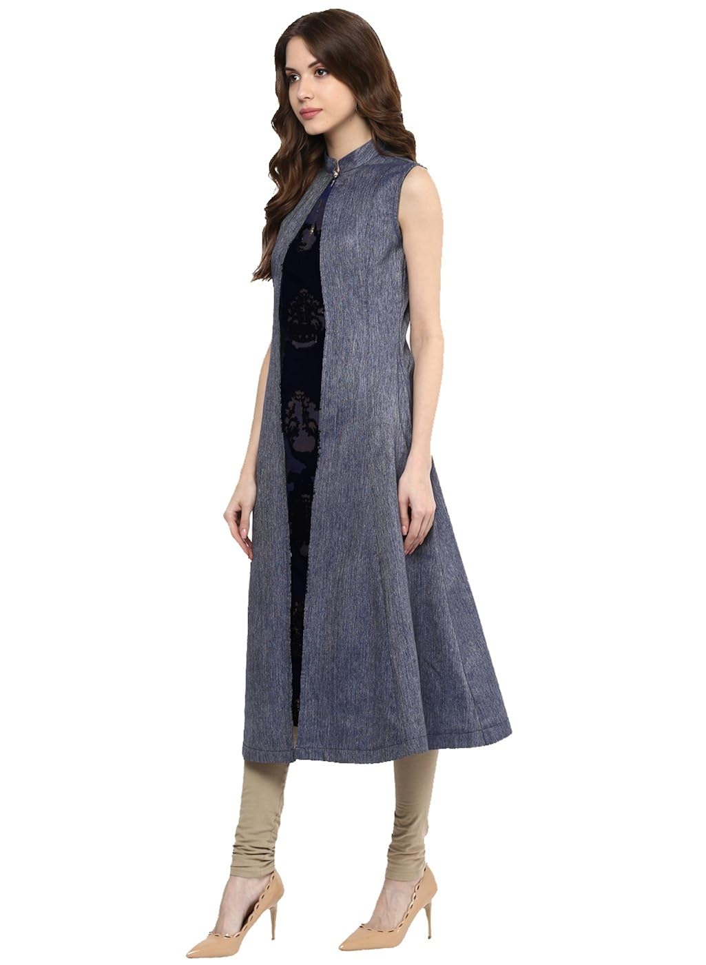aahwan blue denim a-line long kurta leggings set for women (b001)