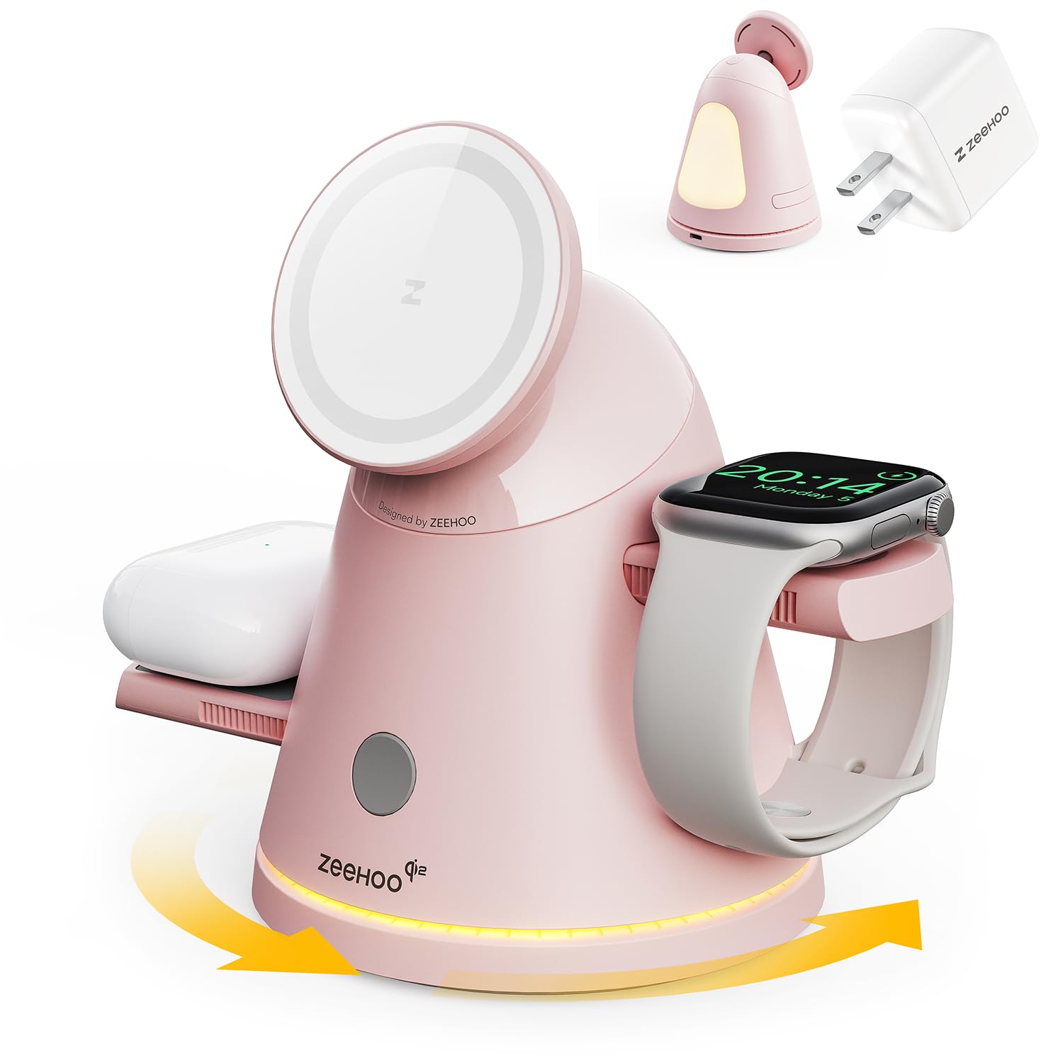 Photo 1 of ZEEHOO 4 in 1 Wireless Charging Station for Apple,Mag-Safe Charger &Dimmable Light,Qi2 15W Rotating Fast Wireless Charger for iPhone 16,15,14,13,12&Pixel10&AirPods& iWatch&Samsung Watch(30W Adapter)