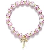 Atiptu Beads Bow Bracelet for Women Vintage Flower Bracelets Blue Ceramic Stretch Bracelets Gold Cross Beaded Bracelet Romantic Jewelry