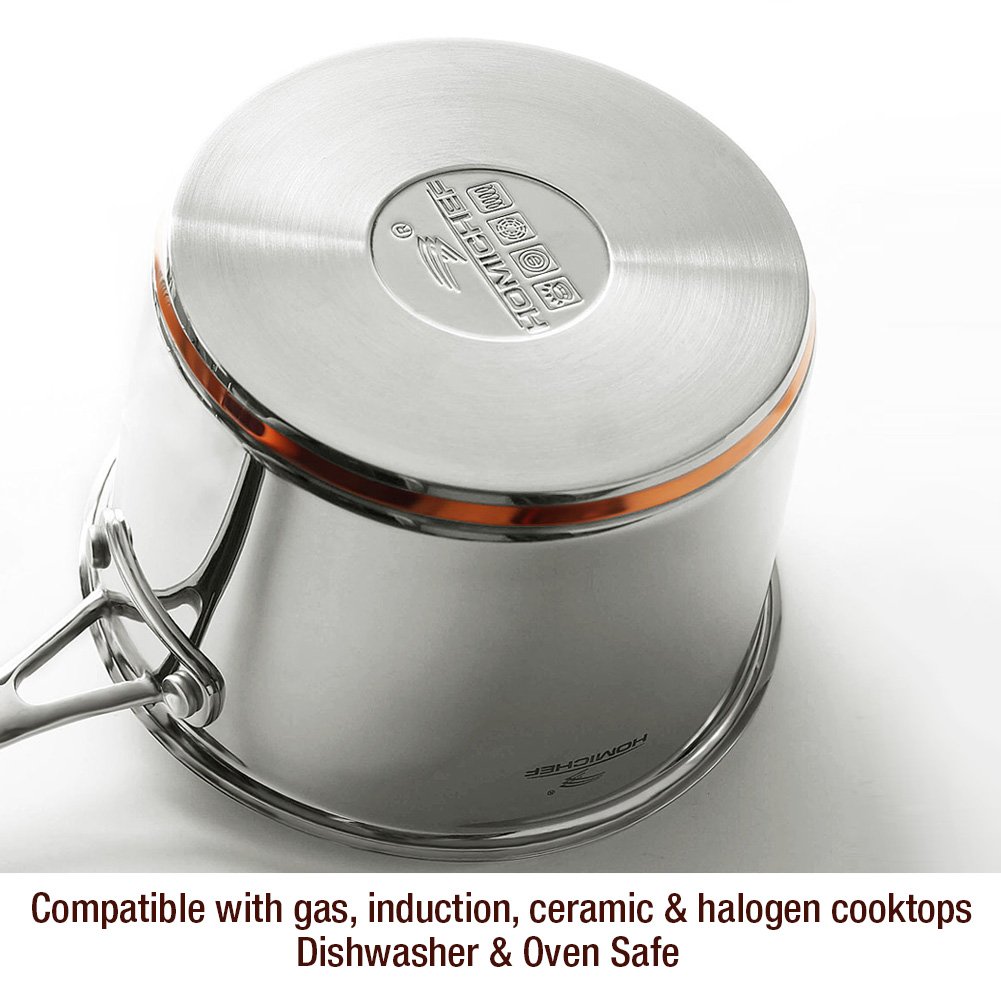 HOMICHEF ニッケルフリーステンレススチール調理器具10点セット 銅バンド - ニッケルフリーのステンレススチール鍋とフライパンセット - ヘルシー調理器具セット ステンレススチール - 非毒性のIH調理器具セット