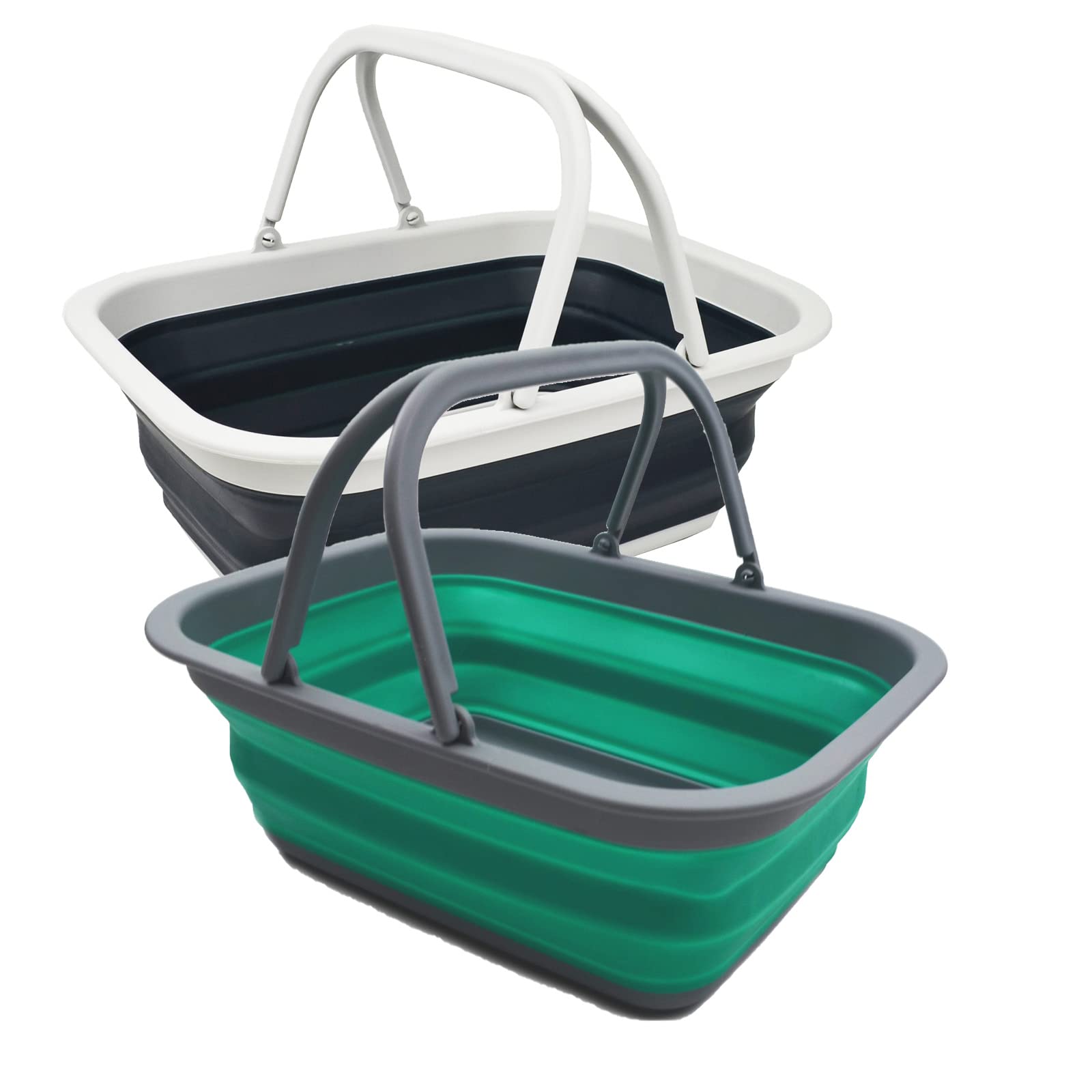 SAMMART 9.2L Collapsible Tub with Handle - Portable Outdoor Picnic Basket/Crater - Foldable Shopping Bag - Space Saving Storage Container (Bluish-Green + Slate Grey)