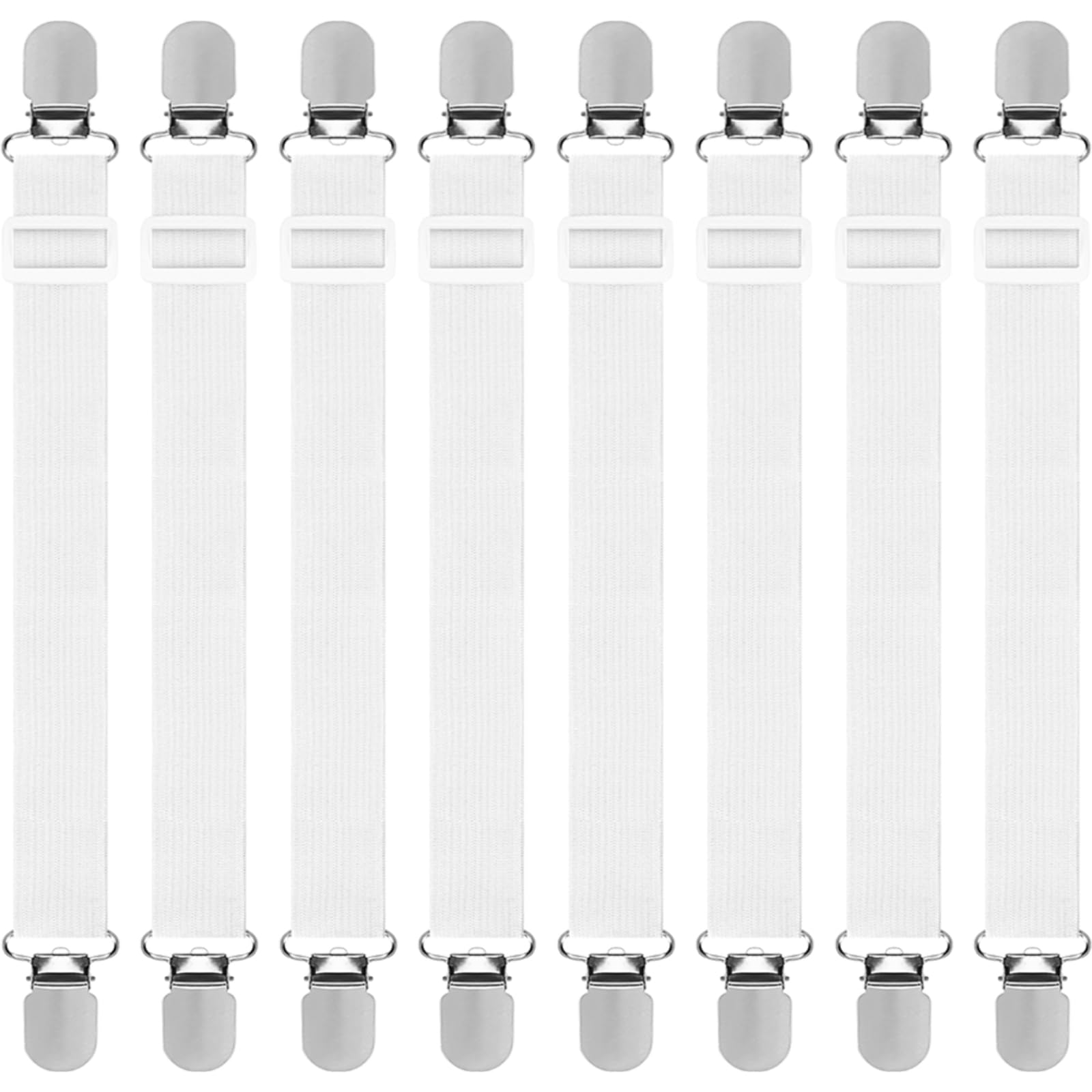 Quelcc 8 Pcs Bed Sheet Clips, (30cm -130cm) Adjustable Bed Sheet Fasteners, Elastic Fitted Sheet Straps with Clips, White Sheet Clips for Bedding, Mattress Covers, Bed Sheets, Sofa Cushion