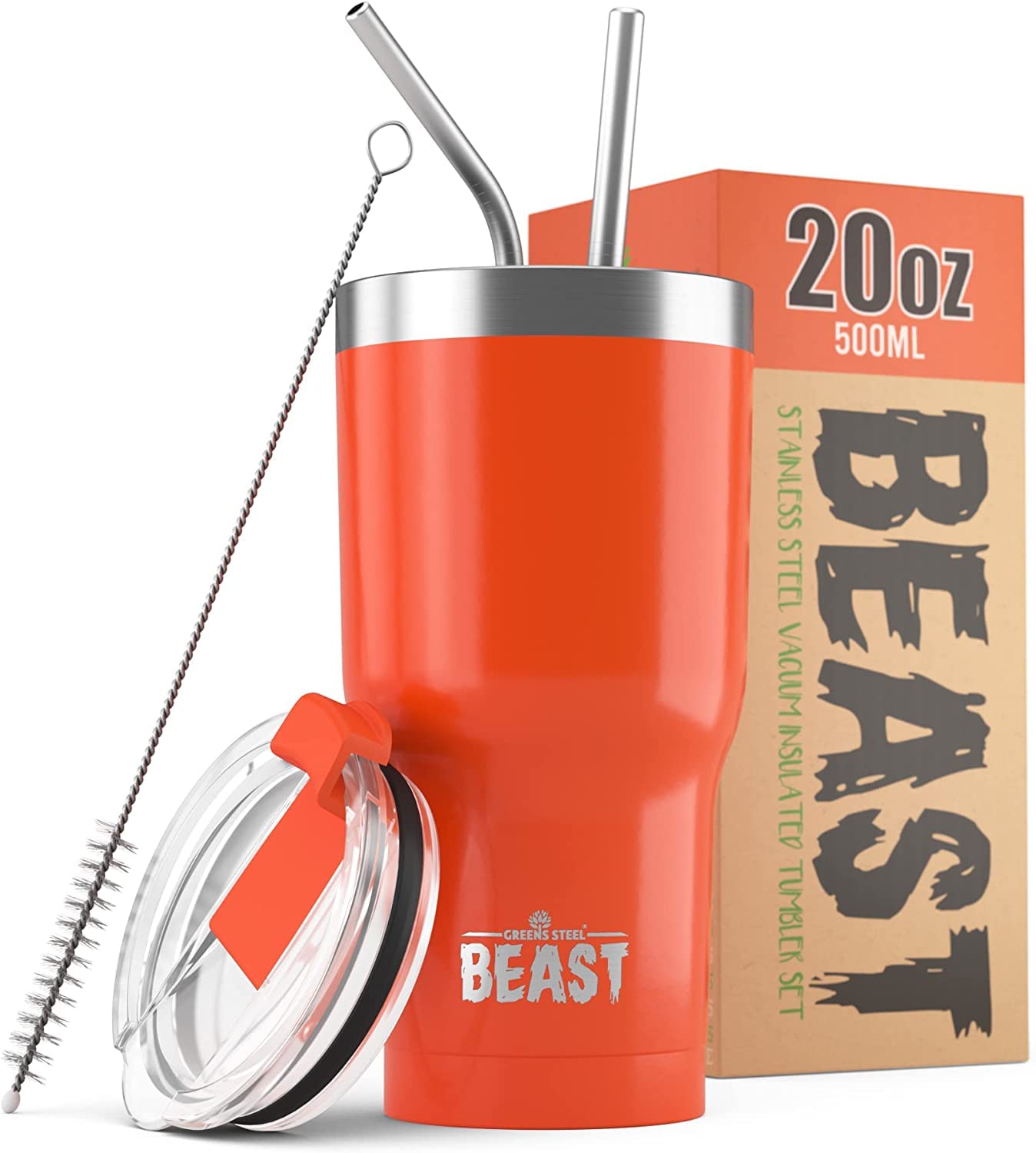 Beast Tumbler - 550 ml (20 oz), Orange | Reusable Stainless Steel, Vacuum Insulated Cup | with + 2 Straws & Cleaning Brush | Double Wall Travel Flask Perfect for Hot or Iced Coffee | BPA Free