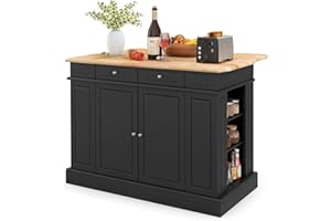 DORTALA Kitchen Island with Drop Leaf, Kitchen Island Table with Rubber Wood Countertop, 2 Drawers, Spice Racks & Storage Cabinet, Coffee Bar Table with Adjustable Shelves for Dining Room, Black