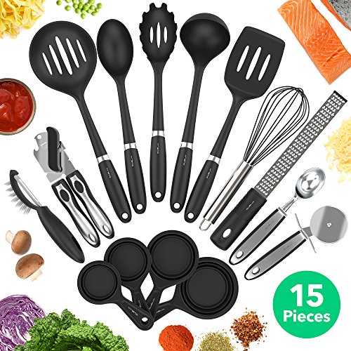 Vremi 15 Piece Kitchen Gadgets Set - 5 pc Cooking Utensils 4 pc Measuring Cups with Whisk Can Opener Pizza Cutter Cheese… 1 Vremi 15 Piece Kitchen Gadgets Set - 5 pc Cooking Utensils 4 pc Measuring Cups with Whisk Can Opener Pizza Cutter Cheese…