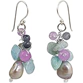 NOVICA Artisan Handmade Cultured Pearl Aquamarine Cluster Earrings Quartz Sterling Silver Plated Dyed Multicolor White Grey Beaded Thailand Bohemian Birthstone [1.6 in L x 0.5 in W] ' Clover'