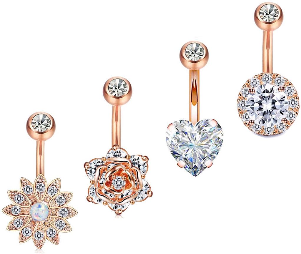 4PCS 14G Surgical Steel Belly Button Rings for Women Girls Navel Barbell Rings CZ Body Piercing Jewelry Set