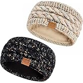 Hatromm Winter Headbands for Women Wool 2 Pack, Ear Warmers for Women Headband Knit Thick Fleece Lined, Cold Weather Warm Ear Muffs(Confetti Black+Confetti Oatmeal)