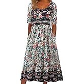 Kubsid Womens Boho Dress Summer Casual 2026 Short Sleeve Loose Fit Floral Maxi Dress Flowy Beach Vintage Sundress