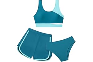 NECIOUS Girls Swimsuit Bikini Set, 3 Piece Girl Bathing Suits Color Block Cutout Swimwear with Shorts Size 7-16