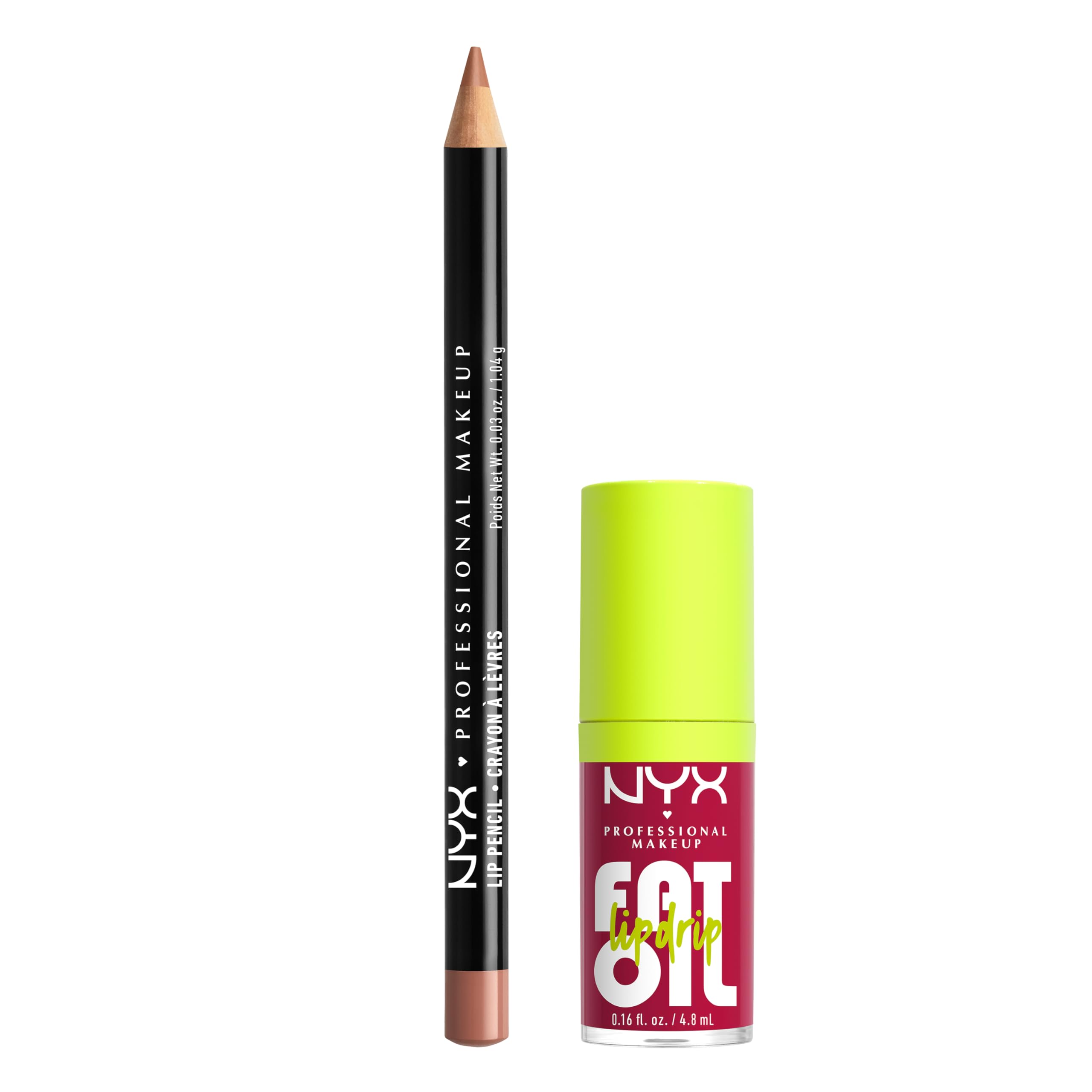 NYX Professional Makeup Lip Kit, Fat Oil Lip Drip Shade: Newsfeed, High-Shine Non-Sticky Lip Oil, 12-Hour Hydration & Protection + Slim Lip Pencil Shade: Natural, 100% Vegan & Cruelty-Free