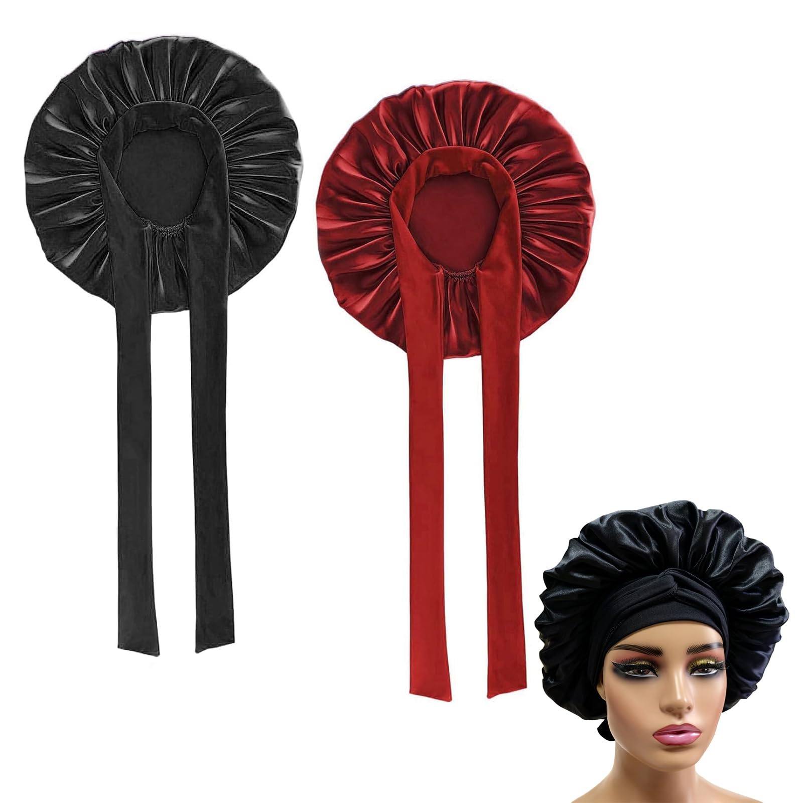 Hair Bonnet for Sleeping,2 PCS Silk Satin Bonnet with Stretchy Tie Band Sleep Bonnets for Women Bath Caps Night Sleeping Cap Soft Elastic Band Satin Bonnets for Curly Hair Sleeping Black + Red Wine