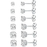18K White Gold Plated 4 Pong Round Clear Cubic Zirconia Stud Earring Pack of 6 Pairs (6 Pairs)