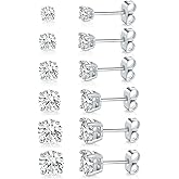 18K White Gold Plated 4 Pong Round Clear Cubic Zirconia Stud Earring Pack of 6 Pairs (6 Pairs)