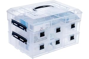 MyGift 11 Inch Clear Plastic Storage Box Container, Arts and Crafts Sewing Supplies Organizer Case with Black Accents, 24 Customizable Compartments, and 6 Drawers with Removable Dividers