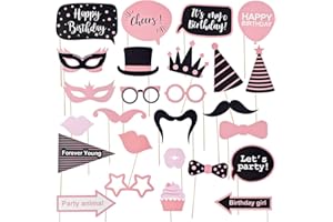 Birthday Photo Booth Props,26 Pcs Pink and Black Birthday Party Props Kit,Cute Funny Selfie Photo Booth Props Party Decoratio