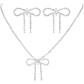 Yolev 3PCS Bow Necklace and Earring Set Sparkly Bow Jewelry Set for Women Silver Rhinestone Bowknot Jewelry Sets Statement Tassel Earrings Crystal For Bridesmaid Bride Wedding Prom