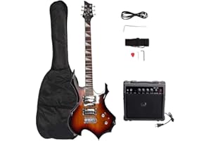 GLARRY Electric Guitar Buring Flame Design HSH Pickup for Beginner Right Hand with 20W AMP, Cable, Strap, Bag, Tremolo Arm and Accessories (Sunset)