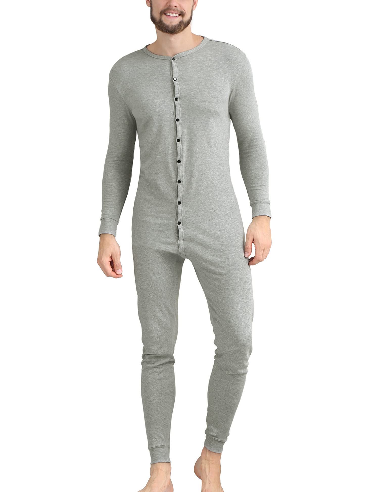 Photo 1 of COLORFULLEAF Men's Cotton Thermal Underwear Union Suits Henley Onesies Base Layer (Grey, M)