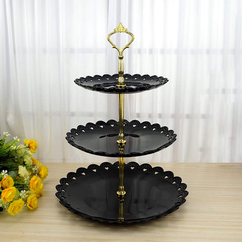 Kitchen & Dining Hotoco 3tier Black Gold Plastic Dessert Stand Pastry