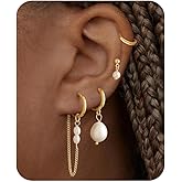 Eyesoul 4Pairs Pearl Dangle Earrings Stacks For Women Trendy Drop Chain Set Multiple Piercing Dainty 14K Gold Plated Silver Jewelry