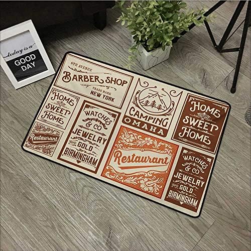Square Door mat W16 x L24 INCH Old Newspaper,Various Advertisement Signs Barber Shop Restaurant Camping Retro Style,Brown Orange Tan Non-Slip Door Mat Carpet