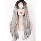 K'ryssma Ombre Gray 2 Tones Synthetic Lace Front Wig Dark Roots Long Natural Straight Silver Grey Replacement Hair Wigs For Women Heat Resistant Fiber Hair Half Hand Tied 22 Inches